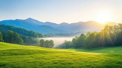 Obraz premium Serene mountain landscape with lush greenery and sunrise