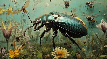 Fototapeta premium Green Beetle Among Flowers and Insects Detailed Macro Shot