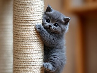 Playful kitten climbing cat post, home interior