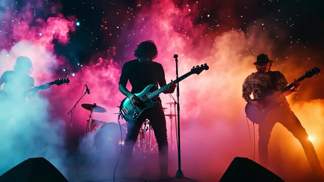 Live music performance featuring a dynamic rock band in a colorful light show with smoke effects