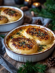 Creamy baked cheese dumplings, festive, Christmas, wooden table