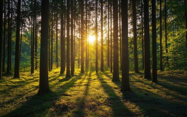 Naklejka premium Sunlight Piercing Forest Canopy at Sunset