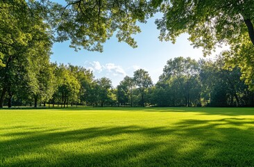 Obraz premium Sunny park scene with lush green grass and trees