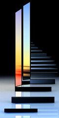 Abstract staircase leading to colorful sunset through glass panels