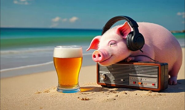 pig on radio and beer on the beach