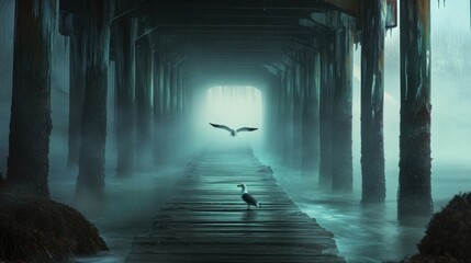 Ethereal journey, seagulls beneath a misty pier on a tranquil ocean