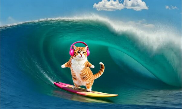 Cat playing surf board