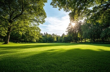 Sunny park lawn under leafy trees