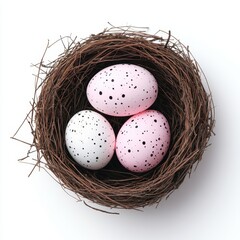 Obraz premium A cozy nest containing three speckled eggs, showcasing a serene and natural aesthetic perfect for springtime themes.