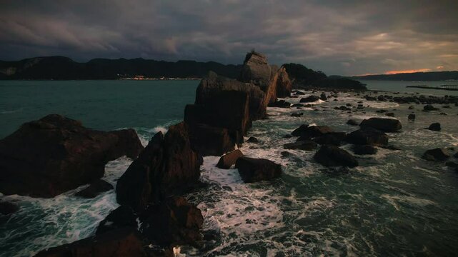 Drone View Of Hashigui iwa Rocks At Sunset, Wakayama Japan