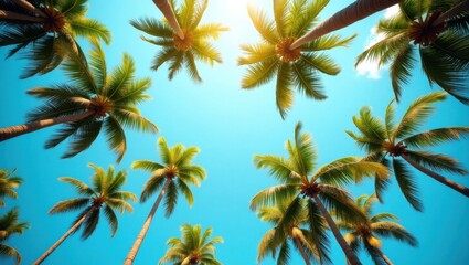 Tropical paradise under a canopy of palm trees against a vibrant blue sky