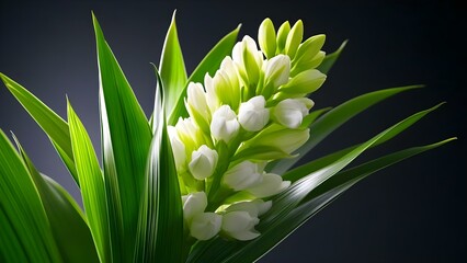 Obraz premium A close-up of a flowering plant featuring white blooms and long green leaves against a dark background. Concept Flower Close-Up, White Blooms, Green Leaves, Dark Background, Nature Photography