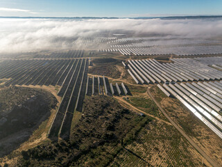 Solar energy infrastructure in Teruel, Zaragoza, Spain, enveloped by fog, symbolizing clean energy resilience.
