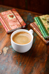 Cup of coffee on wooden background. Soft focus. Copy space