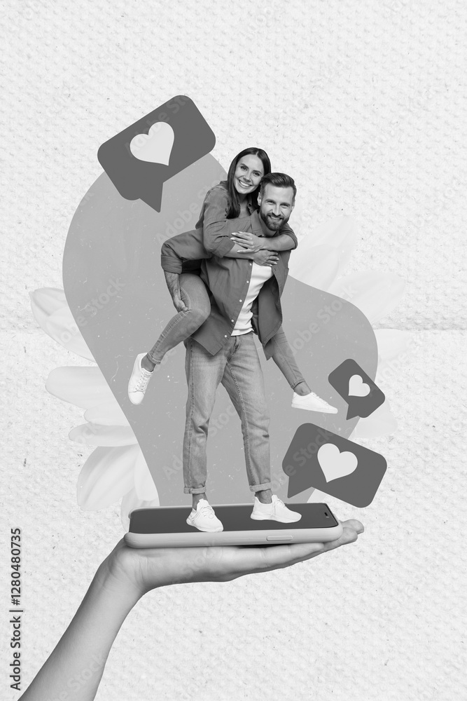 Poster vertical collage image of hand hold telephone display two excited partners hug piggyback like notifi
