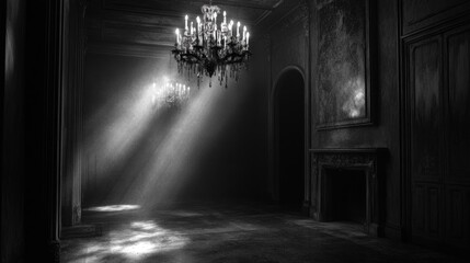Ethereal illumination in a grand, monochrome room with chandeliers