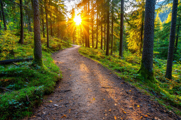 Obraz premium Golden autumn leaves scenery. serene trail winding through vibrant forest at sunset