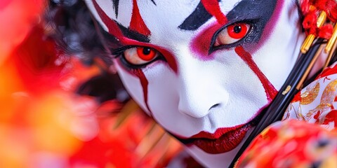 kabuki face paint in black, white, and red, 