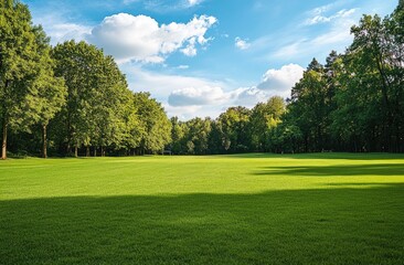 Sunny park meadow, trees, blue sky, tranquil scene, perfect for nature backdrop