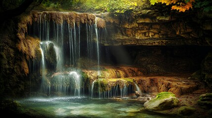 Autumn Waterfall in Lush Forest