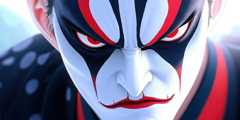 kabuki face paint in black, white, and red, 