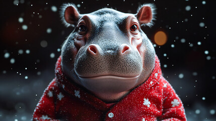 Hippopotamus in red Christmas pajamas, radiating festive cheer. Ideal for holiday-themed social media posts, children's decorations, greeting cards, web, banner, winter merchandise designs