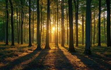 Sunlight streams through forest canopy at sunset