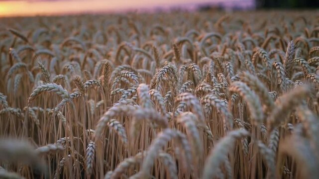 Aerial closeup view of a wheat field at sunset.
