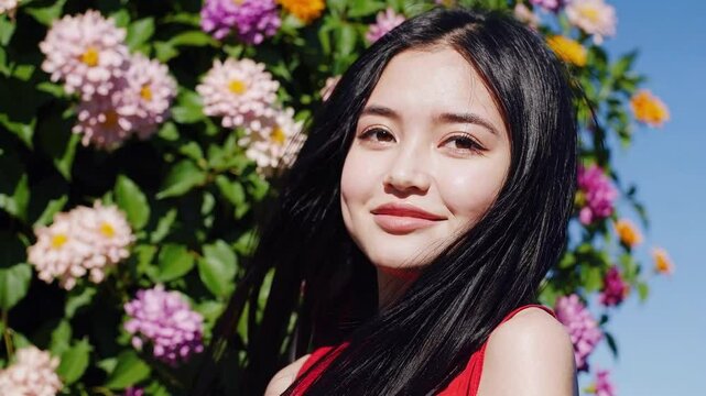 Portrait of a beautiful young happy Asian girl in red looking at camera and smiling in front of flowers in spring.