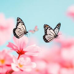 Obraz premium Two butterflies flutter among pink flowers against a bright blue sky, creating a serene and vibrant nature scene.
