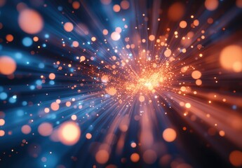 Fototapeta premium Vibrant Blue and Orange Light Rays with Sparkling Particles Creating a Stunning Abstract Background for Creative Projects and Modern Designs