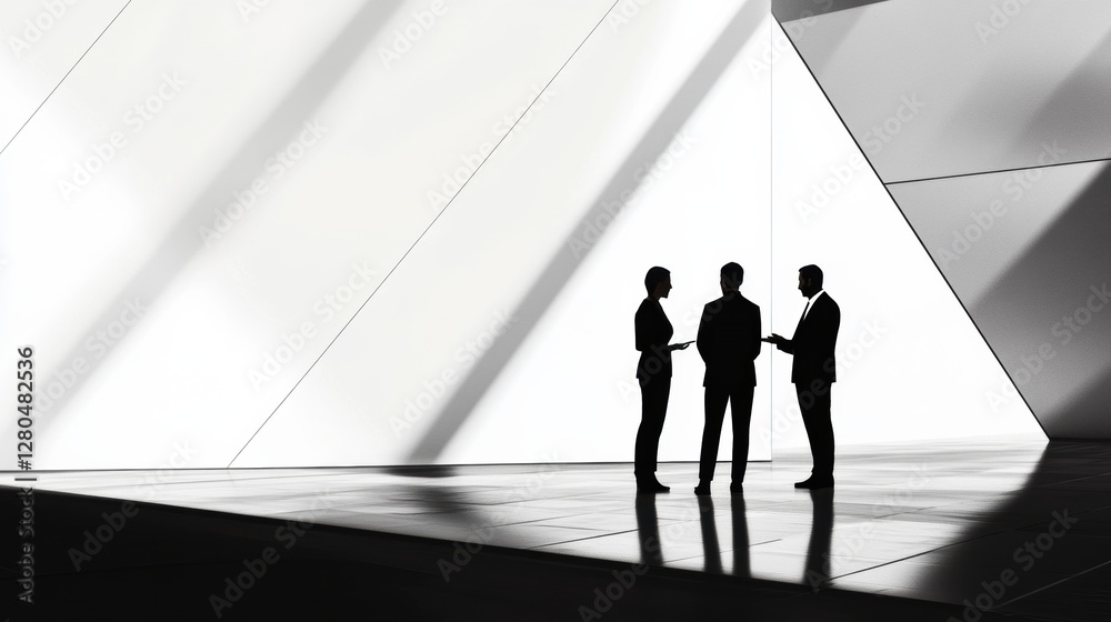 Poster Two silhouetted figures engage in negotiation in a modern setting with angular lighting. Generative AI
