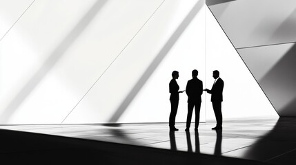 Two silhouetted figures engage in negotiation in a modern setting with angular lighting. Generative AI