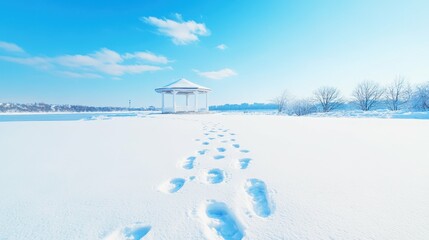 Winter gazebo in serene snowy landscape with blue sky and footprints