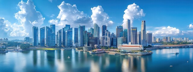 Fototapeta premium Stunning Modern City Skyline Waterfront Blue Sky Urban Landscape Architecture