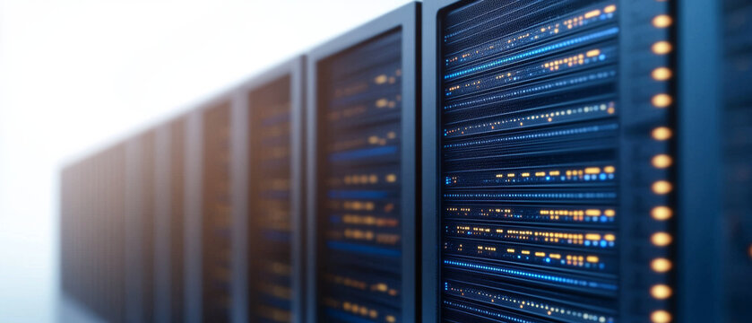 High tech financial data center with glowing servers and advanced technology