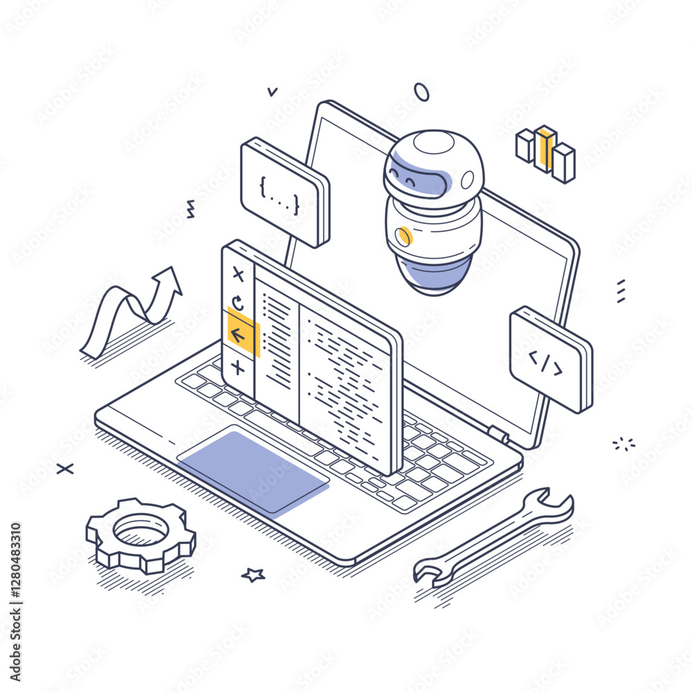 Poster laptop displaying code alongside a robot icon, symbolizing ai-powered code generation. surrounding e
