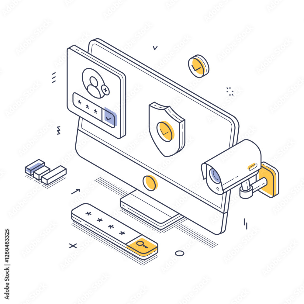 Poster digital security concept with a computer monitor showcasing user login elements, a camera for monito