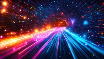 Fototapeta premium Vibrant Cosmic Tunnel with Colorful Light Beams and Sparkling Stars, Abstract Digital Background of a Hypothetical Space Journey Experience