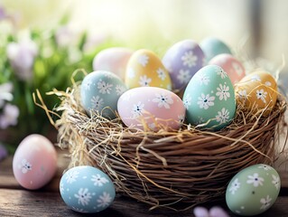 春のバスケットに詰められた花模様のパステルカラーのイースターエッグ | Pastel Easter Eggs with Floral Patterns in a Spring Basket