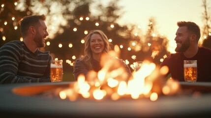 Caucasian adults enjoying beer and laughter by outdoor fire pit at sunset