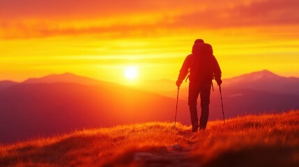 Obraz premium Silhouette of hiker against vibrant sunset on mountain trail