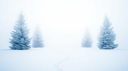 Fototapeta premium Snowy landscape with pine trees in misty winter atmosphere