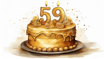 Illustration of decorated gold cake for birthday or anniversary party. Number 59, fifty-ninth birthday celebration