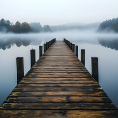 Obraz premium Serene Waters: An aged wooden dock extends into a misty lake, with tranquil reflections and an atmosphere of peace and solitude.