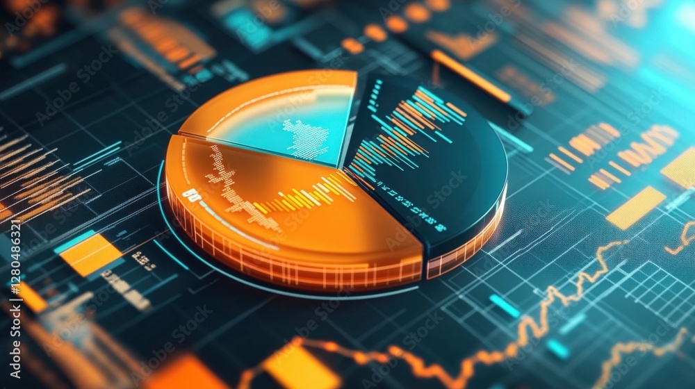 Poster futuristic digital dashboard displaying data analytics with pie charts and graphs in blue and orange