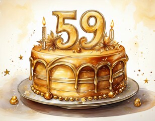 Illustration of decorated gold cake for birthday or anniversary party. Number 59, fifty-ninth birthday celebration