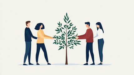 Fototapeta premium Diverse group of young adults tending to a tree together as a symbol of unity and growth