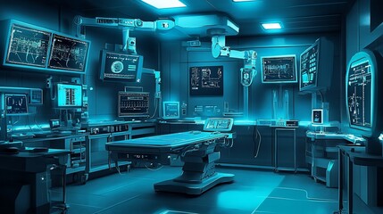 Futuristic operating room with robotic surgery system and advanced medical technology.