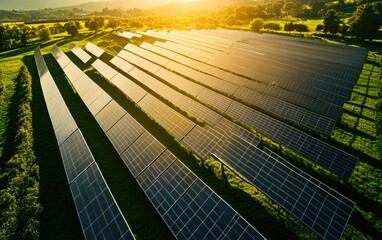 Aerial view of solar panels in a field at sunset